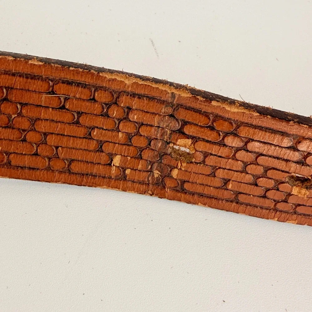 Pioneer Cowhide‎ Hand Stained Leather Belt Brown Embossed Brick Pattern retro 38